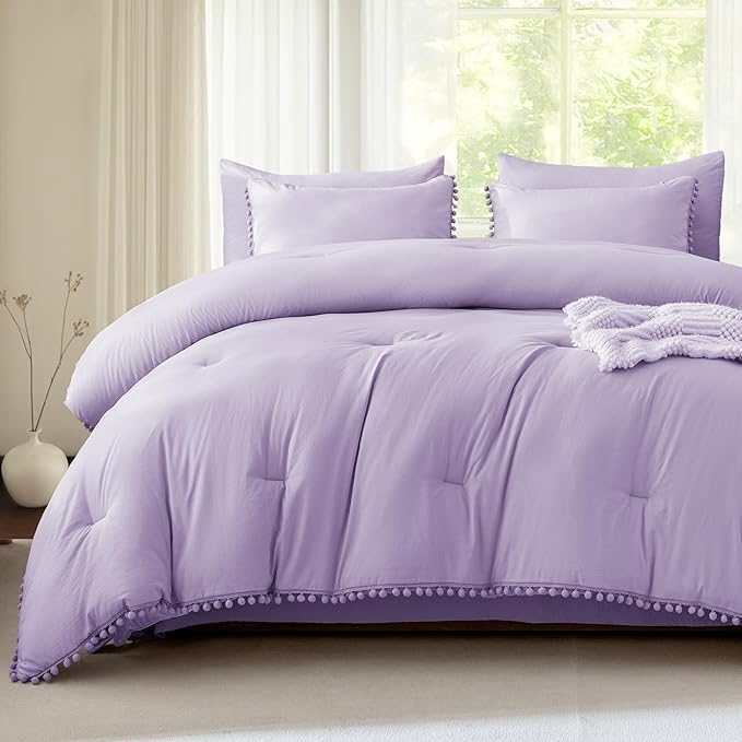 Litanika Comforter Full Size Set Lavender Purple,3 Pieces Lavender Purple Boho Pom Pom Lightweight Bed Comforter Full,All Season Soft Bedding Comforter Sets (1 Comforter 79x90 Inch, 2 Pillowcases) - LeafyLoom