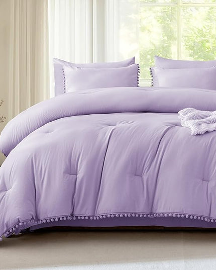 Litanika Queen Size Comforter Set Lavender Purple,3 Pieces Lavender Purple Boho Pom Pom Lightweight Bed Comforter, All Season Soft Bedding Comforter Sets (1 Comforter 90x90 Inch, 2 Pillowcases) - LeafyLoom