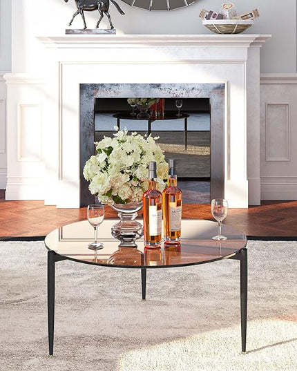 Round Tempered Glass Table: 31.5 inch Large Circle Top Storage Shelf with Metal Frame, Modern Coffee Table Center Desk Luxury Furniture for Living Room, Brown - LeafyLoom