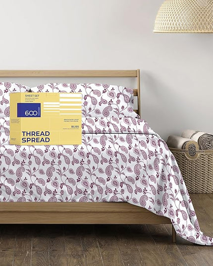 THREAD SPREAD 100% Egyptian Cotton Printed Bed Sheets - 600 Thread Count 4 PC Queen Sheet Set, Hotel Luxury Sateen Bedsheets, 16" Deep Pocket Soft Cooling Sheets for Queen Size Bed - Paisley - LeafyLoom