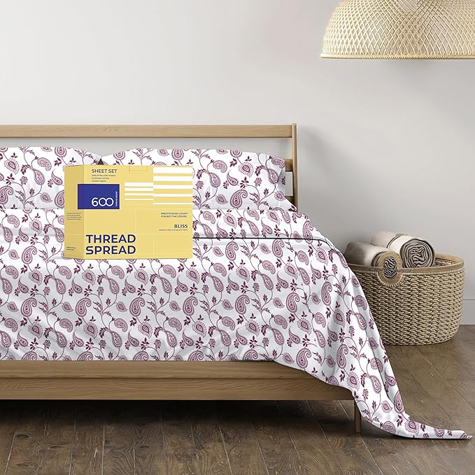 THREAD SPREAD 100% Egyptian Cotton Printed Bed Sheets - 600 Thread Count 3 PC Twin XL Sheet Set, Hotel Luxury Sateen Bedsheets, 16" Deep Pocket Cooling Sheets for Twin XL Size Bed - Paisley - LeafyLoom