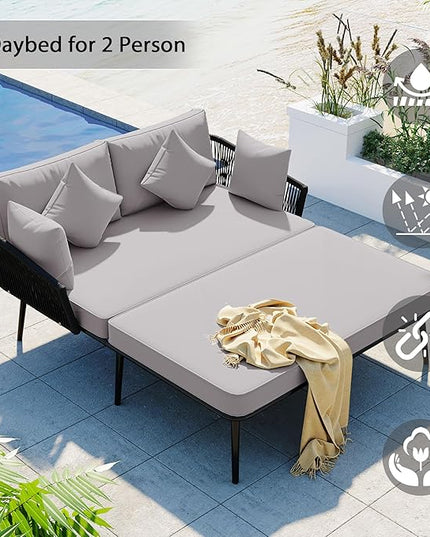 Patio Daybed Set for 2, Outdoor Furniture All-Weather Sofa Sunbed with Adjustable Iron Feet, Woven Nylon Rope Backrest, Washable Cushions and Pillows, for Balcony, Poolside, Gray - LeafyLoom
