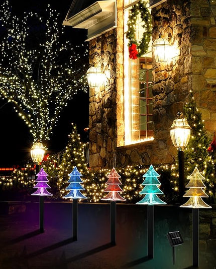 Christmas Solar Pathway Lights, Set of 5 Waterproof Landscape Christmas Lights, Stake Christmas Decorations, LED Lights for Yard Lawn Patio Walkway Decor (5PCS-Multi Colors-Tree) ILLUMINEW