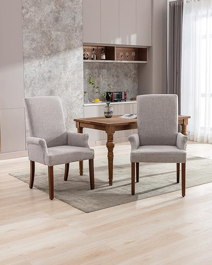 Dining Room Chairs with Arms，Tufted Upholstered High Back Nailed Trim with Untique Oak Wood Legs for Kitchen Restaurant Room Bedroom (Light Gray, SingleA) - LeafyLoom
