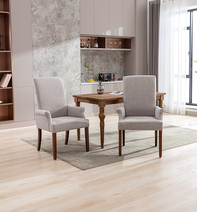 Dining Room Chairs with Arms，Tufted Upholstered High Back Nailed Trim with Untique Oak Wood Legs for Kitchen Restaurant Room Bedroom (Light Gray, SingleA) - LeafyLoom
