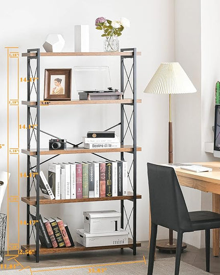 HCHQHS Bookshelf, 5-Tier Industrial Bookcase, Rustic Open Book Shelf, Freestanding Tall Bookshelves with Metal Frame - LeafyLoom