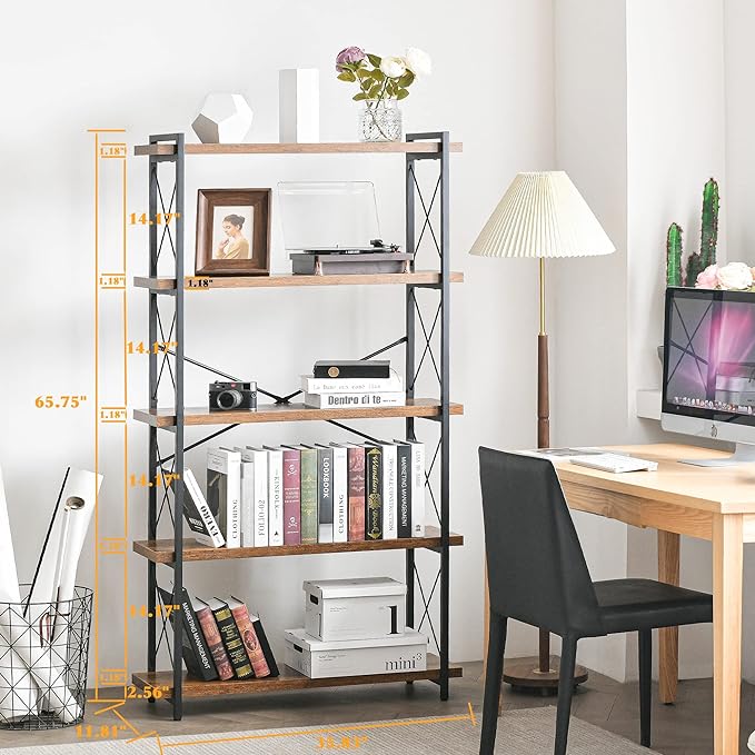 HCHQHS Bookshelf, 5-Tier Industrial Bookcase, Rustic Open Book Shelf, Freestanding Tall Bookshelves with Metal Frame - LeafyLoom