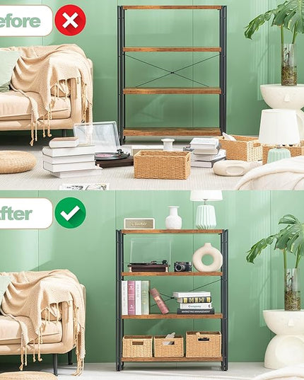 HCHQHS Bookshelf, 4-Tier Industrial Bookcase, Rustic Open Book Shelf, Freestanding Tall Bookshelves with Metal Frame - LeafyLoom