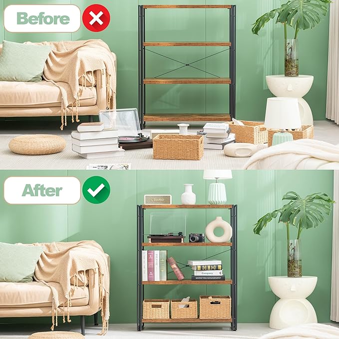 HCHQHS Bookshelf, 4-Tier Industrial Bookcase, Rustic Open Book Shelf, Freestanding Tall Bookshelves with Metal Frame - LeafyLoom