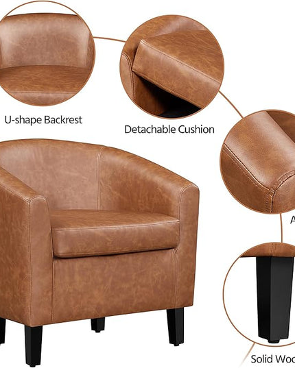 Yaheetech Accent Chair with Ottoman Footstool, PU Leather Modern Upholstered Soft Barrel Chair, Comfy Club Armchair and Footrest Set for Living Room/Bedroom/Reading Room/Guestroom, Brown - LeafyLoom