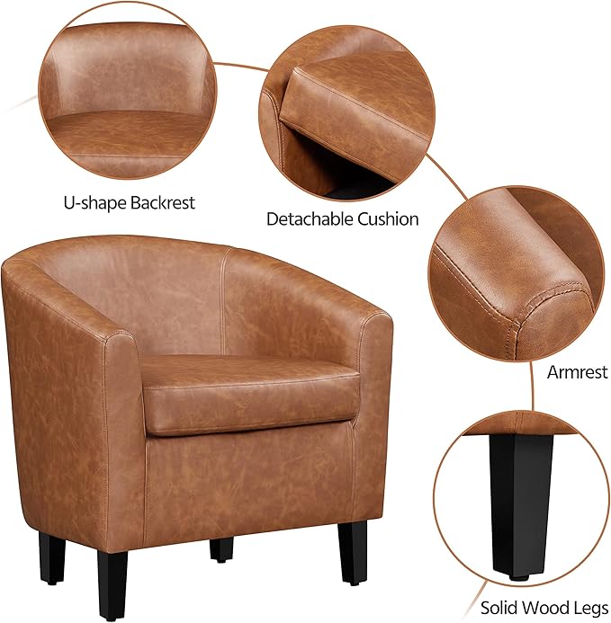 Yaheetech Accent Chair with Ottoman Footstool, PU Leather Modern Upholstered Soft Barrel Chair, Comfy Club Armchair and Footrest Set for Living Room/Bedroom/Reading Room/Guestroom, Brown - LeafyLoom