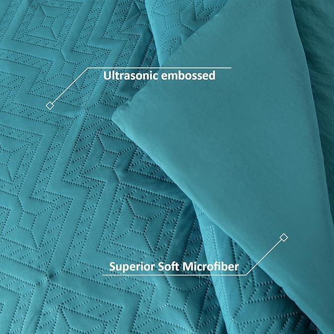 WONGS BEDDING Teal Comforter Set King Size(104“×90”), Boho Geometric Textured Bedding Comforter Sets - 3 Pieces Reversible Soft Microfiber Ultrasonic Bedding with 2 PillowCases - LeafyLoom