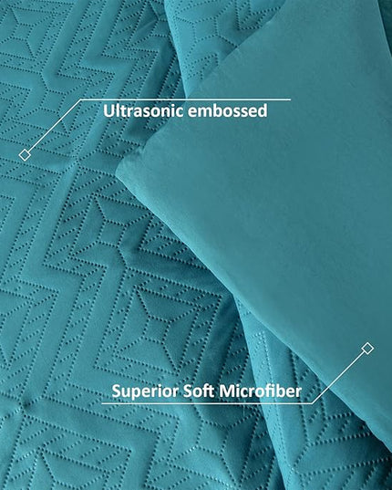 WONGS BEDDING Teal Comforter Set Queen Size(90“×90”), Boho Geometric Textured Bedding Comforter Sets - 3 Pieces Reversible Soft Microfiber Ultrasonic Bedding with 2 Pillowcases - LeafyLoom
