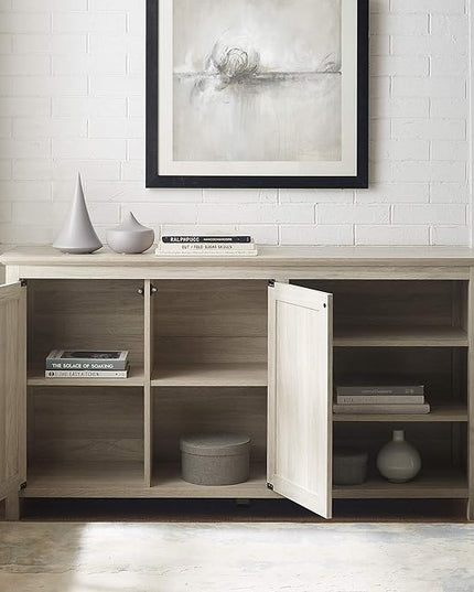 Walker Edison Modern Wood Grooved Buffet Sideboard with Open Storage-Entryway Serving Storage Cabinet Doors-Dining Room Console, 58 Inch, Birch - LeafyLoom