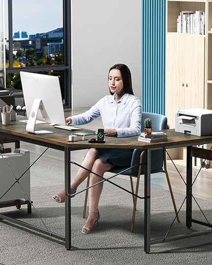 Coleshome 59" L Shaped Gaming Desk with Outlet, L Shaped Desk with CPU Stand, Corner Computer Desk, Home Office Desk, Writing Desk, Vintage - LeafyLoom