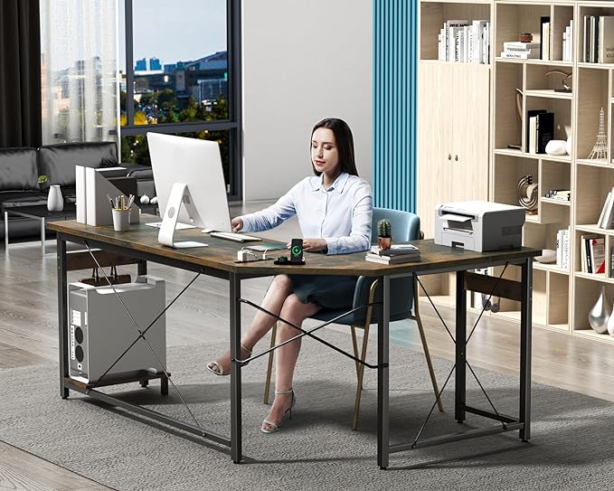 Coleshome 59" L Shaped Gaming Desk with Outlet, L Shaped Desk with CPU Stand, Corner Computer Desk, Home Office Desk, Writing Desk, Vintage - LeafyLoom