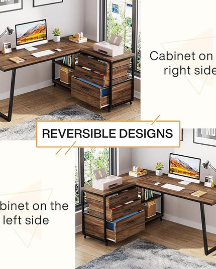 Reversible 53-inch L Shaped Desk with 3 Drawer, Farmhouse Corner Desk Gaming Table with Shelves and File Cabinet for Letter Size & Legal Size File for Home Office and Small Space - LeafyLoom