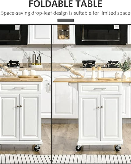 HOMCOM Kitchen Island with Drop Leaf Trolley Cart on Wheels Drawer Cabinet Towel Racks Versatile Use Natural Wood Top and White - LeafyLoom