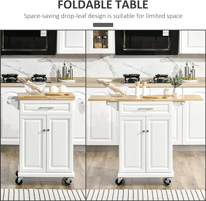 HOMCOM Kitchen Island with Drop Leaf Trolley Cart on Wheels Drawer Cabinet Towel Racks Versatile Use Natural Wood Top and White - LeafyLoom