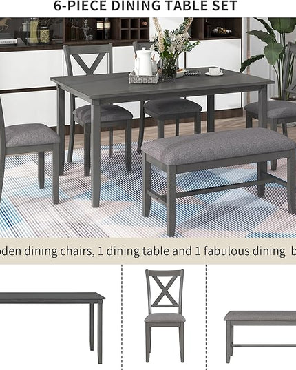 6-Piece Classic Dinette Sets Rectangular Wooden Kitchen Dining Table, 4 Fabric Chairs & Bench, for Diningroom Living Room, Easy to Assemble, Gray 6 - LeafyLoom