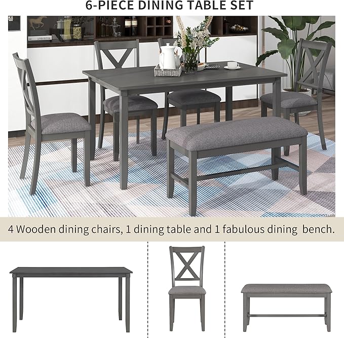 6-Piece Classic Dinette Sets Rectangular Wooden Kitchen Dining Table, 4 Fabric Chairs & Bench, for Diningroom Living Room, Easy to Assemble, Gray 6 - LeafyLoom