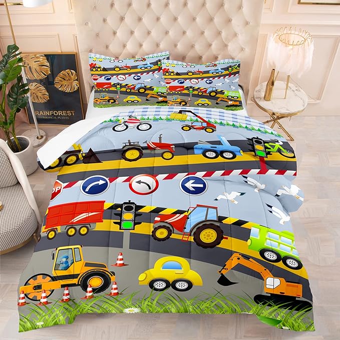 Tailor Shop Construction Vehicle Truck Comforter Set Queen Size，Cartoon Excavator Bedding Sets Comforter Cover for Boys Childs Kids Teens ，Tractor Mixer Room Decor with 1 Comforter 2 Pillowcases - LeafyLoom