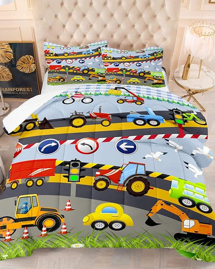 Tailor Shop Construction Vehicle Truck Comforter Set Full Size，Cartoon Excavator Bedding Sets Comforter Cover for Boys Childs Kids Teens ，Tractor Mixer Room Decor with 1 Comforter 2 Pillowcases - LeafyLoom