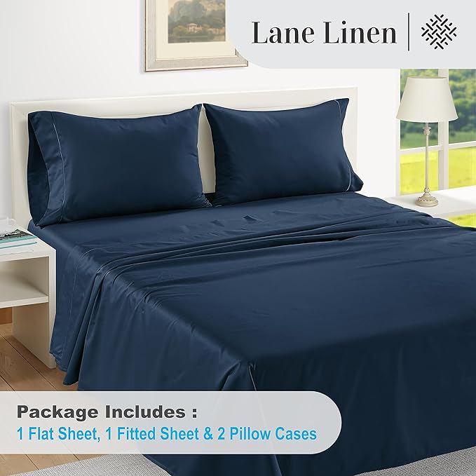 LANE LINEN 100% Egyptian Cotton Bed Sheets - 1000 Thread Count 4PC Queen Sheets Set, Long Staple Cotton Bedding Sheets, Sateen Weave, Luxury Hotel Sheets, Deep Pocket - Estate Blue - LeafyLoom