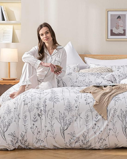 JANZAA 3pcs White Comforter Set, Soft Microfiber Bedding Plant Flowers Printed Comforter with 2 Pillow Cases for All Seasons(Queen) - LeafyLoom
