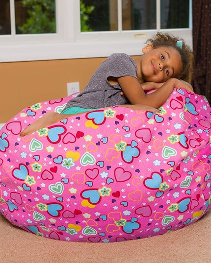 Posh Creations Bean Bag Chair for Kids, Teens, and Adults Includes Removable and Machine Washable Cover, Canvas Multi-Colored Hearts on Pink, 38in - Large - LeafyLoom