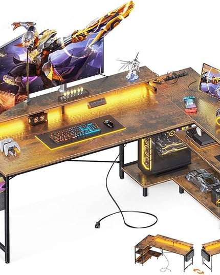 ODK 66 Inch Gaming Desk with USB Charging Ports and LED Lights, Reversible L Shaped Computer Desk with Storage Shelves & Monitor Stand, Home Office Desk Table with Power Outlets, Vintage - LeafyLoom