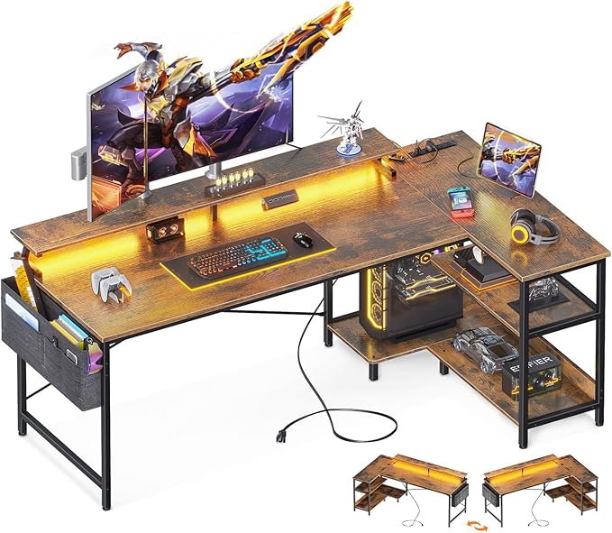 ODK 66 Inch Gaming Desk with USB Charging Ports and LED Lights, Reversible L Shaped Computer Desk with Storage Shelves & Monitor Stand, Home Office Desk Table with Power Outlets, Vintage - LeafyLoom