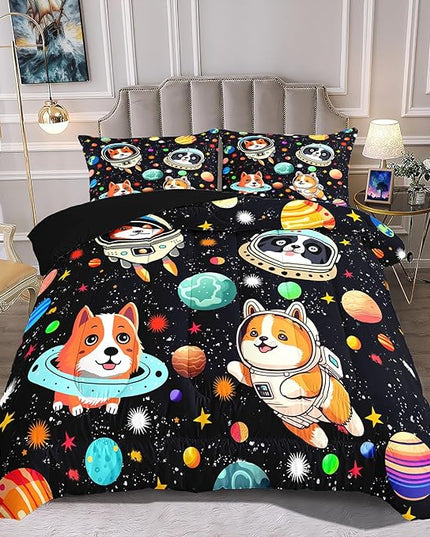 Dog Full Comforter Set for Boys Outer Space Dog Bedding Set Cute Cartoon Dog Astronaut Prints Bedding Kids Comforter Sets 3 Pieces Funny Space Dog Full Size Quilt Set with 2 Pillowcases - LeafyLoom