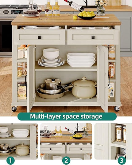 YITAHOME Kitchen Island with Drop Leaf & Power Outlet, Rolling Kitchen Cart on Wheels, Americana Kitchen Island Cabinet with Open Shelves for Kitchen Dining Room, Thicker Rubberwood Top, Off White - LeafyLoom