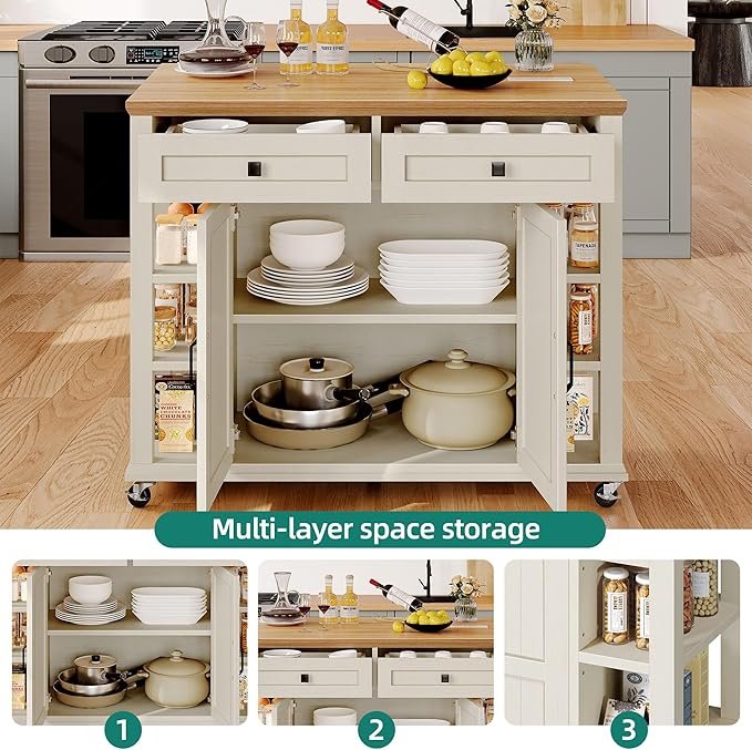 YITAHOME Kitchen Island with Drop Leaf & Power Outlet, Rolling Kitchen Cart on Wheels, Americana Kitchen Island Cabinet with Open Shelves for Kitchen Dining Room, Thicker Rubberwood Top, Off White - LeafyLoom