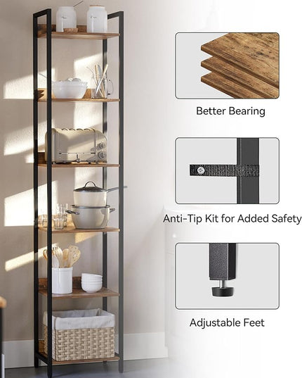 6-Tier Bookshelf, Narrow Bookcase with Open Shelves, Talll Book Shelf Coner Shelf for Living Room, Bedroom, Home Office, Study, Bathroom,11.5 x 15.7 x 72.6 Inches, Rustic Brown and Black - LeafyLoom