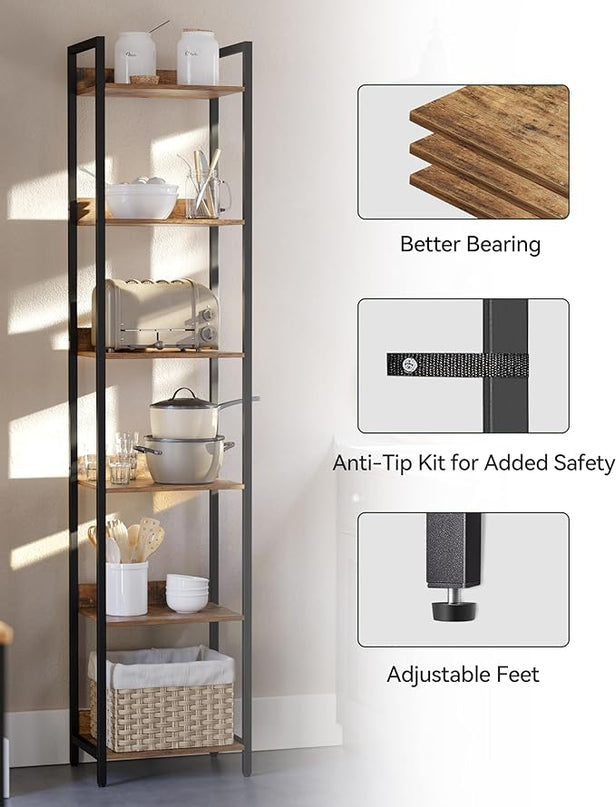6-Tier Bookshelf, Narrow Bookcase with Open Shelves, Talll Book Shelf Coner Shelf for Living Room, Bedroom, Home Office, Study, Bathroom,11.5 x 15.7 x 72.6 Inches, Rustic Brown and Black - LeafyLoom