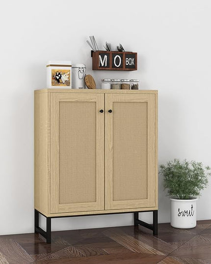 Panana Rattan Decorated 2 Doors Storage Cabinet Accent Cabinet Living Room Cupboard Kitchen Sideboard Buffet Table (Natural) - LeafyLoom