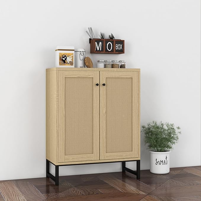 Panana Rattan Decorated 2 Doors Storage Cabinet Accent Cabinet Living Room Cupboard Kitchen Sideboard Buffet Table (Natural) - LeafyLoom