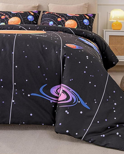 6 Pcs Solar System Comforter Set Twin Outer Space Bedding Set Universe Planets Theme Comforter for Boys Kids Ultra-Soft (1 Comforter, 2 Pillowcases, 1 Flat Sheet, 1 Fitted Sheet,1 Pillowcover) - LeafyLoom