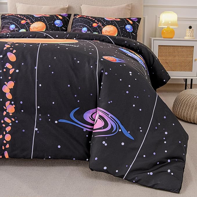 6 Pcs Solar System Comforter Set Twin Outer Space Bedding Set Universe Planets Theme Comforter for Boys Kids Ultra-Soft (1 Comforter, 2 Pillowcases, 1 Flat Sheet, 1 Fitted Sheet,1 Pillowcover) - LeafyLoom