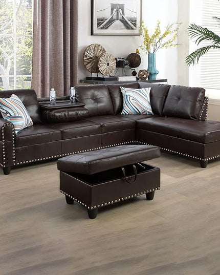 ROOMTEC Modern L Shaped Sectional Sofa with Storage Ottoman, Right Facing Chaise Longue, Reversible Backrest w/ 2 Cup Holders, Faux Leather Tufted Cushions, for Living Room, Apartment, Brown - LeafyLoom