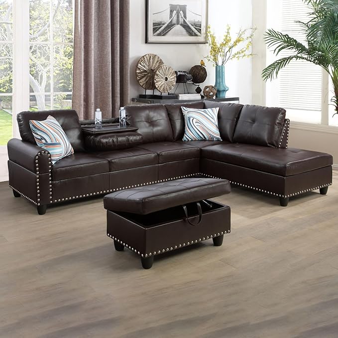 ROOMTEC Modern L Shaped Sectional Sofa with Storage Ottoman, Right Facing Chaise Longue, Reversible Backrest w/ 2 Cup Holders, Faux Leather Tufted Cushions, for Living Room, Apartment, Brown - LeafyLoom