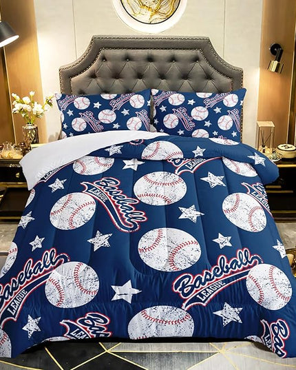 3D Baseballs Comforter Queen Size,Blue Baseball Kids Comforter Set,3Pcs Bedding Set Printed Comforter with 2 Pillowcases,Down Alternative,Soft and Lightweight,for All Seasons - LeafyLoom