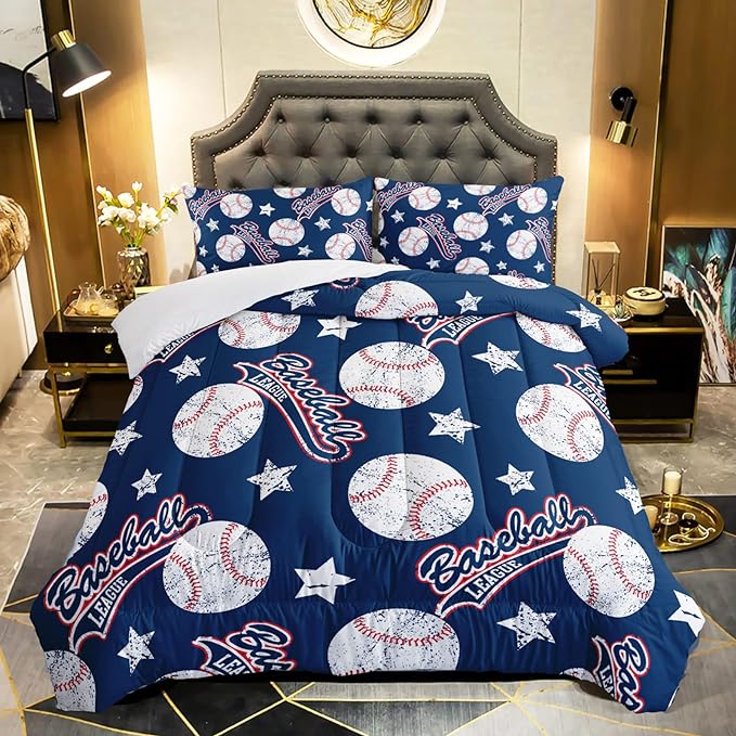 3D Baseballs Comforter Full Size,Blue Baseball Kids Comforter Set,3Pcs Bedding Set Printed Comforter with 2 Pillowcases,Down Alternative,Soft and Lightweight,for All Seasons - LeafyLoom