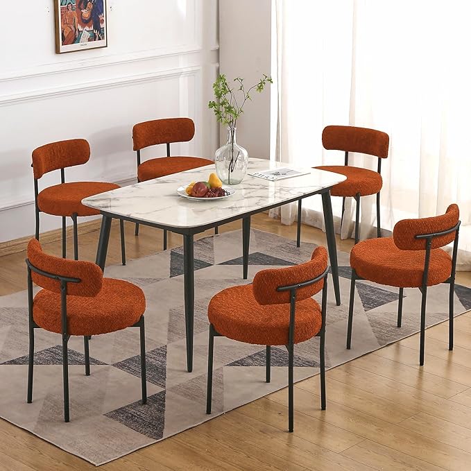 EDWELL Orange Dining Chairs Set of 2, Upholstered Kitchen Dining Room Chairs, Curved Backrest Boucle Dining Chair for Kitchen, Living Room, Mid-Century Modern Kitchen Chairs with Black Metal Legs - LeafyLoom