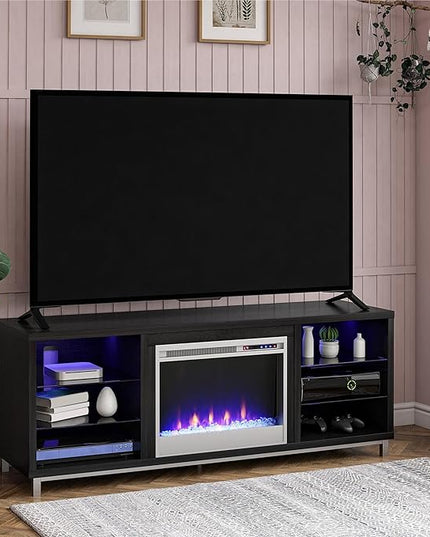 Ameriwood Home Lumina Fireplace TV Stand for TVs up to 70 Inch, Replaceable Electric Fireplace Insert Heater, Remote Control, Timer, Color Changing LED Lights, Crystal Ember Flames, Black Oak - LeafyLoom