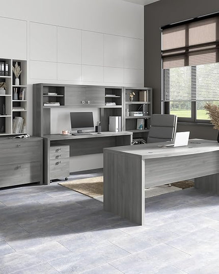 Bush Business Furniture Echo L Shape Desk with Wire Management | Corner Bow Front Table for Home Office with Quick-to-Assemble Hardware, 60W, Modern Gray - LeafyLoom