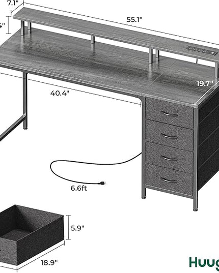 55 Inch Computer Desk with Power Outlets and LED Lights, Gaming Desk with 4 Drawers, Office Desk with Monitor Stand, Study Desk Work Desk for Home Office, Gray - LeafyLoom