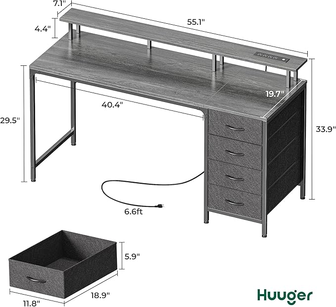 55 Inch Computer Desk with Power Outlets and LED Lights, Gaming Desk with 4 Drawers, Office Desk with Monitor Stand, Study Desk Work Desk for Home Office, Gray - LeafyLoom